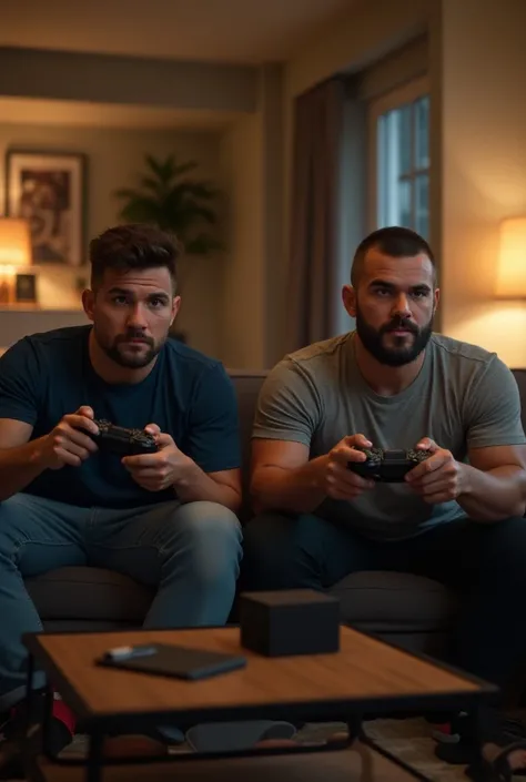 
"Chimaev and Konnor resembling famous soccer players, sitting together and playing a PlayStation game console in a cozy, modern living room. Both wear casual clothing, focused on the game, with controllers in hand. The scene includes a comfortable sofa, c...