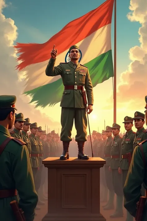 1. Nethaji Leading the Azad Hind Fauj: A powerful scene of Subhas Chandra Bose addressing a group of Azad Hind Fauj soldiers, dressed in his iconic military uniform, standing tall on a wooden podium. Behind him, the flag of the Indian National Army flutter...