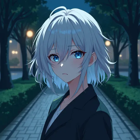 Anime of a pretty boy with white hair and blue eyes, background park, selfie, night, background light 