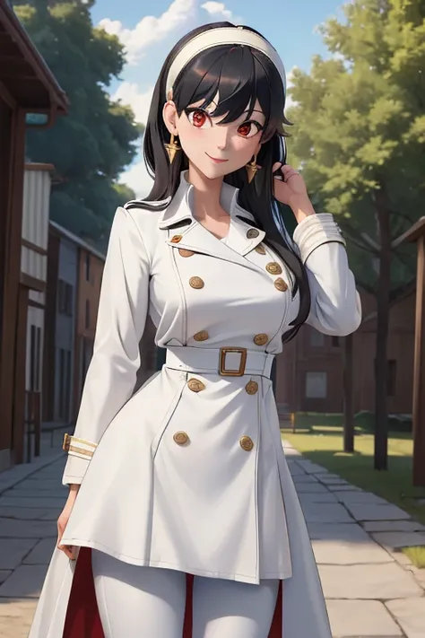 (masterpiece:1.2), best quality, high resolution, unity 8k wallpaper, (illustration:0.8), Yor Forger,1girl, red eyes, short hair black with long locks, white hairband, gold earrings, large breasts, jewelry, white trench coat, black leggings, outdoors, stan...