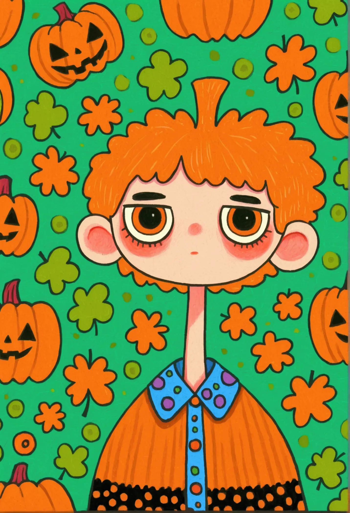 painting of a boy ,  pumpkins and green background，  halloween art style, change, 🍁  cute, hand drawn cartoon style, 🍂  cute,  c...