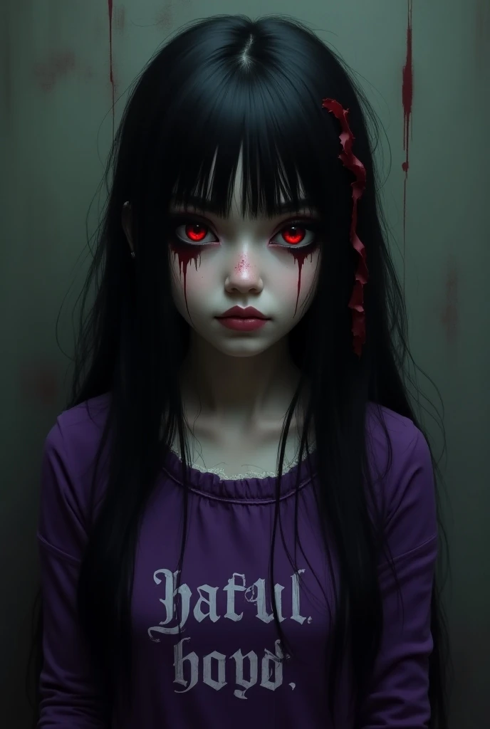  babygirl beautiful pale goth girl, long black and red emo hair, dark emo makeup, red eyes,  she’s wearing a purple hateful words stupid ugly fat