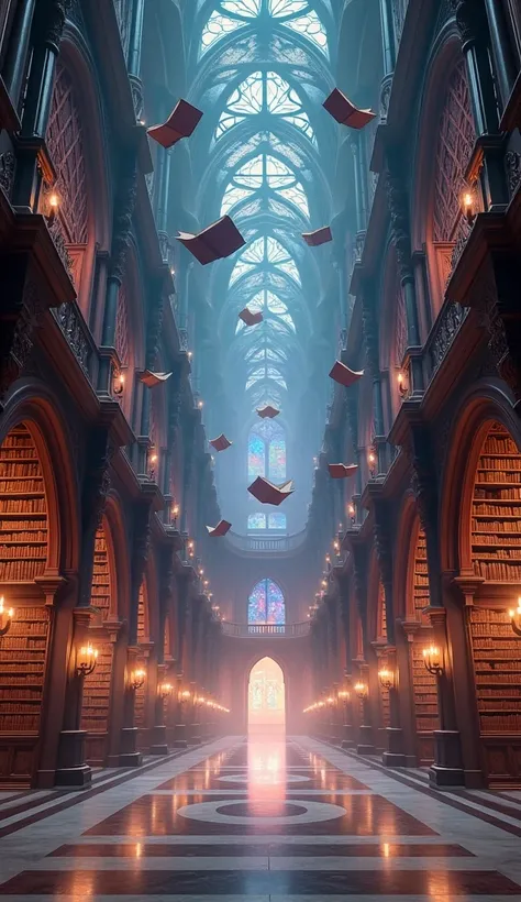 A grand library with towering bookshelves that seem endless, with books floating in the air and warm, magical light streaming through stained-glass windows.