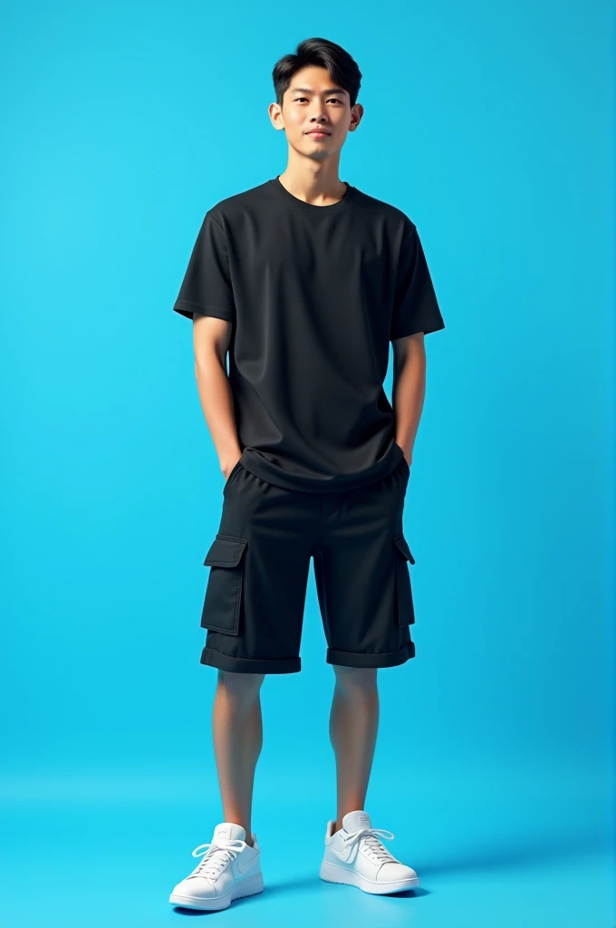 4D realistic, Asian man, 26 years old, short black smooth hair, wearing a short black t-shirt, wearing black cargo shorts, wearing white Nike shoes, standing, using a blue background