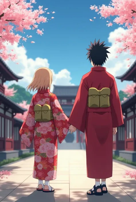 Anime-style drawing from the Naruto series .  A boy like Sasuke with jet-haired and attractive eyes , wears a New Years kimono ;  a beautiful girl in a New Years kimono looking like Sakura with medium hair, blond and collected .  They both find themselves ...