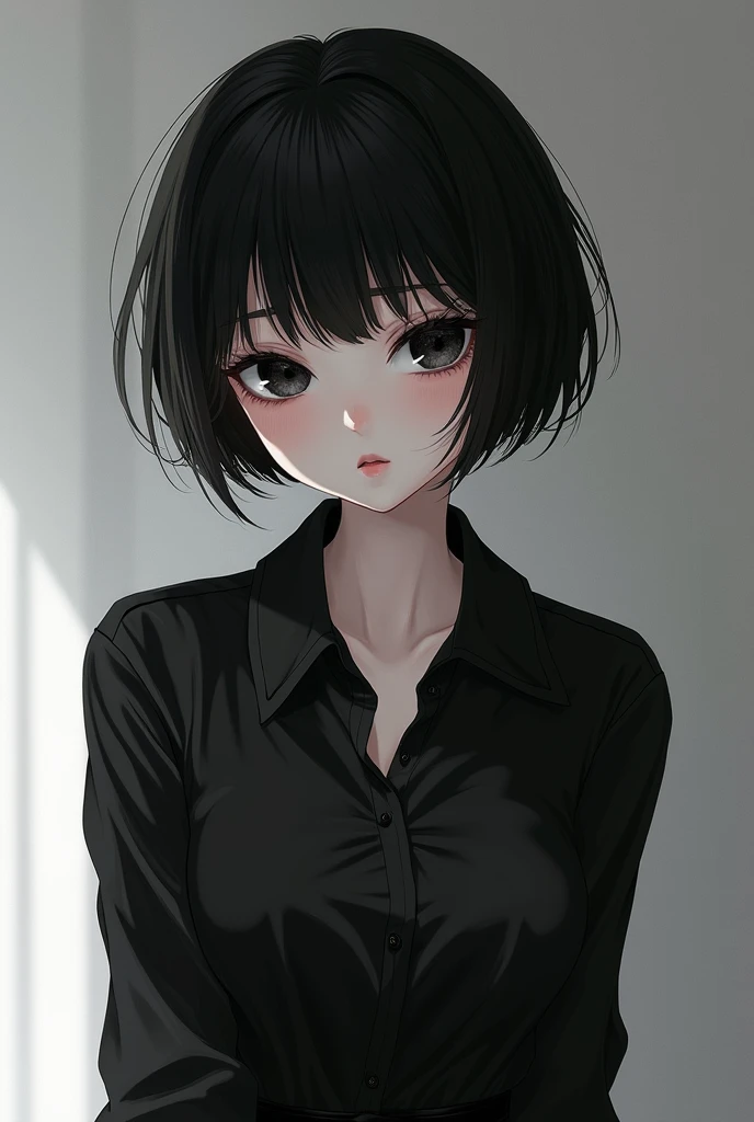  Beautiful woman with very short black hair , With huge black spider eyes ,   wears a black shirt and black pants,  Anime style 