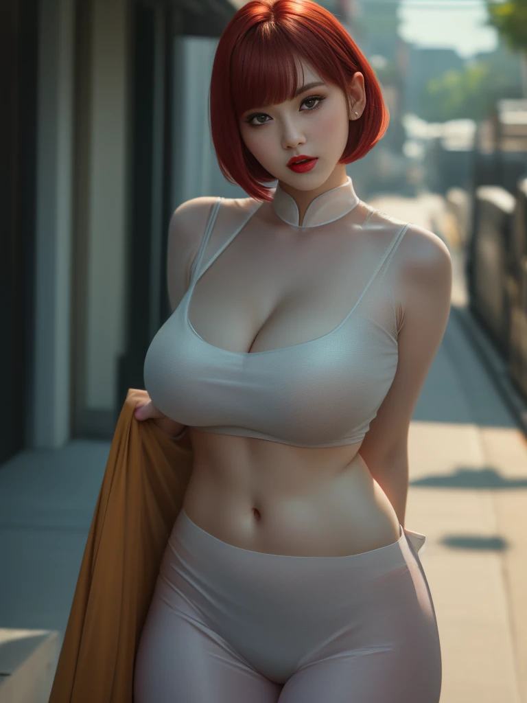 4K Quality, High Resolution, (Realistic photo:1.1), (Raw photo), Absolute masterpiece, (Beauty smooth skin:1.2), (Huge breasts:1.2), Detailed red lips, Bangs, Short wavy bob, Ultra pretty girl,
Staring, Charms with gaze, Looking at the viewer, Crotch is in...