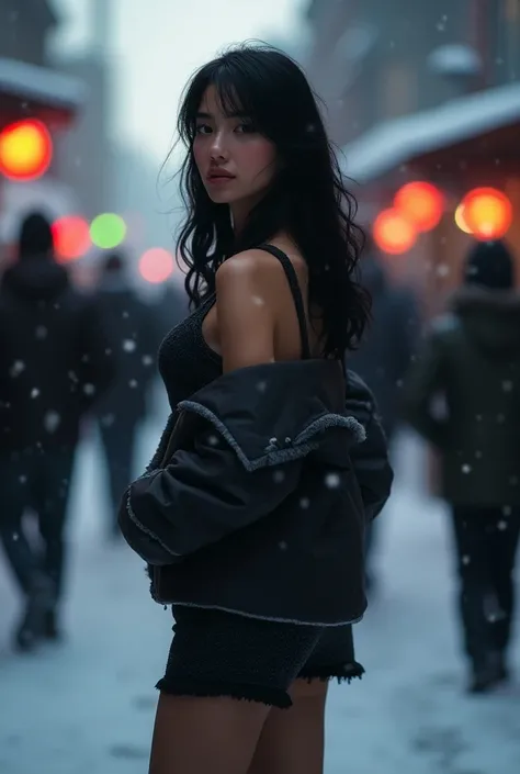 Winter in the streets of Canada,  people at the background,  1 girl, 20 year old, black hair, medium size breasts, show chest. Wearing Short Sexy winter clothes. Backing the camera,  hands in her pocket, face looking at the camera,  back view