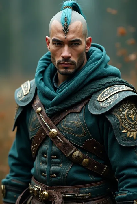 A handsome ,strong, attractive bold & sculp no hair monk male, a native monggol facial features, wearing cyberpunk design complete armor, a nice & clean bold no hair sculp head, aqua blue sculp hair color,  treasure quality clothing color, (wearing a nativ...