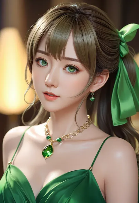 A woman in a green dress、Close-up of woman wearing necklace, guweiz style artwork, Realistic anime 3D style, Beautiful anime portrait, Anime realism style, Detailed portrait of anime girl, Beautiful character painting, author：Yang J, Stunning anime face po...