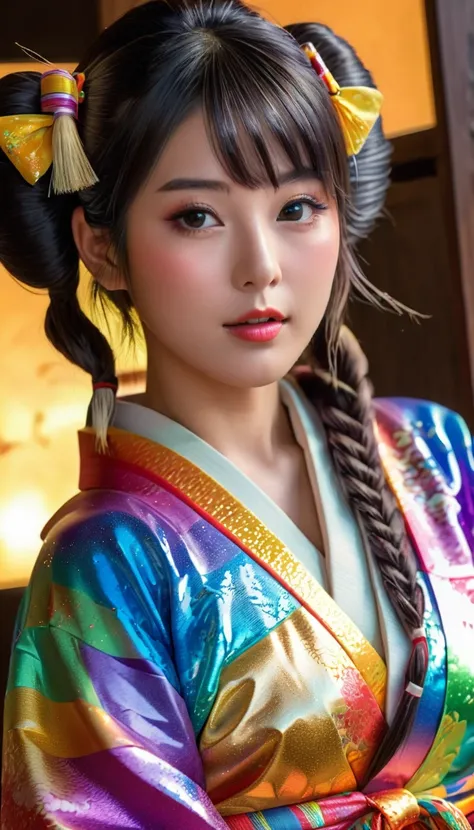 Attractive and sexy look,  Twin Tails,Real Japanese women、 shiny skin、 shiny lips、 Wearing an open rainbow-colored colorful Japanese kimono , art, (Super detailed,  absolute resolution  , Best Quality:1.3), 2.5D, Delicate and dynamic effects , Shimmering g...