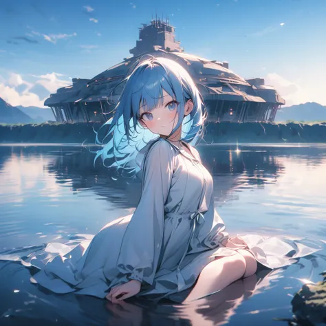  girl， blue hair ， very energetic ， mission structure sitting on the lake，delicate face，(Absurd:1.1),full_shot,(Pose:1.1),Complete the ，reflection