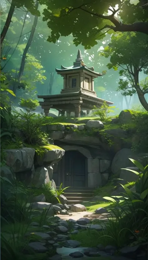 jungle stone temple in forest, warm sunlight, trees in foreground, environment art, game art