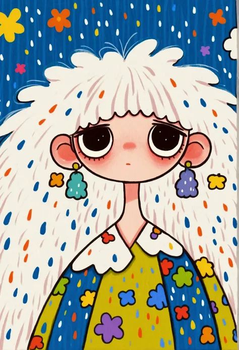  A painting，Hand drawn cartoon style,  2 d gouache illustration ,  colorful illustration , Cartoon cute ,  cute illustration： Lovely Girl Under White Clouds， Long Fluffy Hair ，Sad expression，Colored Rain 