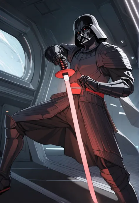 Samurai armor, high teck, darth vader wielding a red lightsaber katana. Battle stance lit by blade. Sci fi spaceship interior, highly stylized armor
