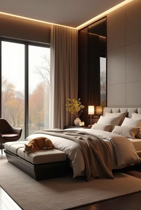 Professional 3d architecture best rendering  from details and design of modern and minimal and high tech design for luxurious and elegant master bedroom  in villa at autumn with modern  and chic and dark wooden bed and white marble stone  makeup  table and...