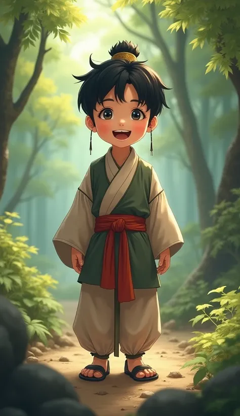 boy,Single,Chinese style,antiquity,  looks at the audience , masterpiece, ,Seven years old ,Handsome,Black Hair, angular face,Handsome,Eyes are amazing , in the forest ,Delicate lines , best quality ,   high detail,  proudly laughing, Taoist robe, high res...