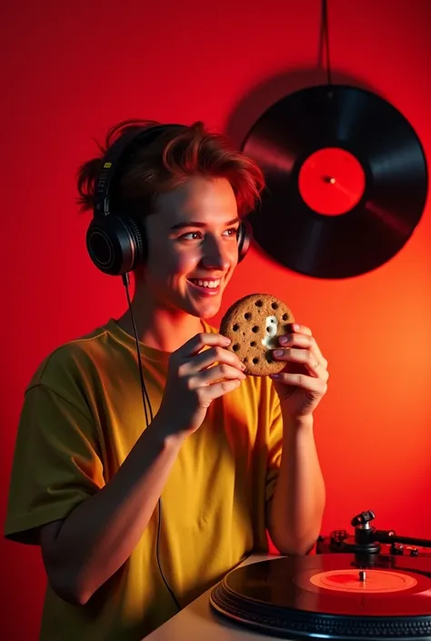  young 16-year-old teenager smiling and looking at a vinyl record hanging on a wall while his headphones are on while eating a round cookie that has plenty of cream in the middle , as yellow lines pass through her chest and arms and the place is a recordin...