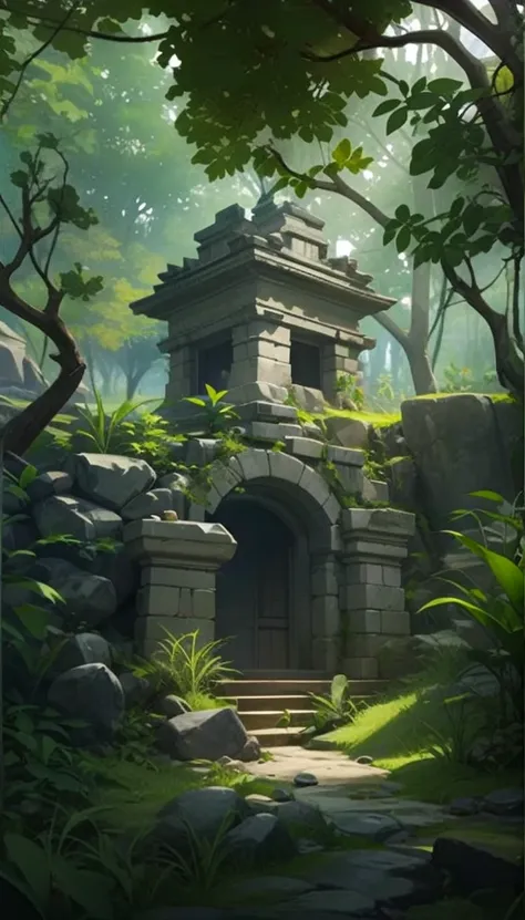 jungle western stone temple in forest, warm sunlight, trees in foreground, environment art, game art