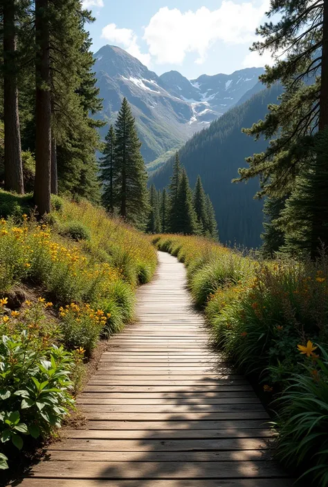 interior view of the 2.5 meter wide wooden route that unfolds on the Millahuapi peninsula until reaching the highest area, part of this route is clear allowing the vegetation of the peninsula to enter and on the other side there is a palillado of wood that...