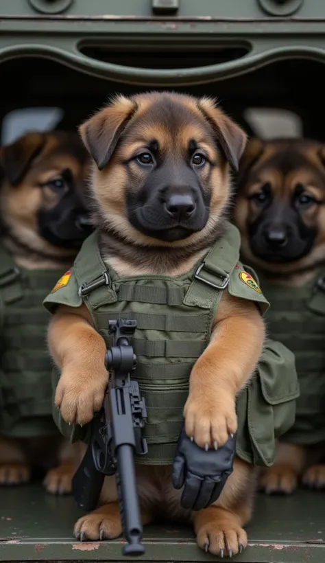 "A group of German Shepherd puppies with brown and black fur, dressed in detailed tactical military uniforms. The puppies are inside a military transport vehicle, with serious and focused expressions, as if ready for a mission. The puppy in the front is ho...