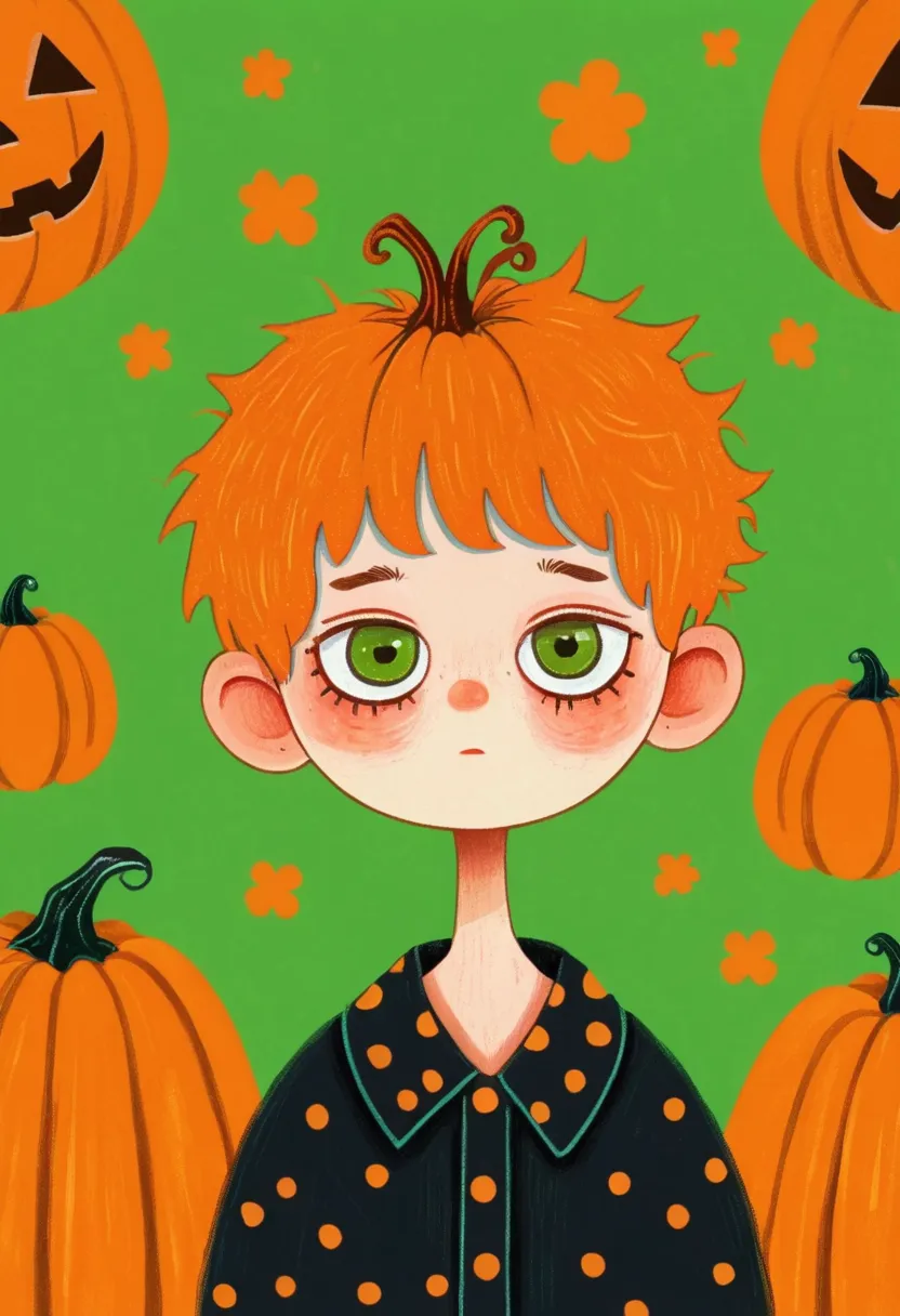 portrait of a boy ,  pumpkins and green background，  halloween art style, change, 🍁  cute, hand drawn cartoon style, 🍂  cute,  c...