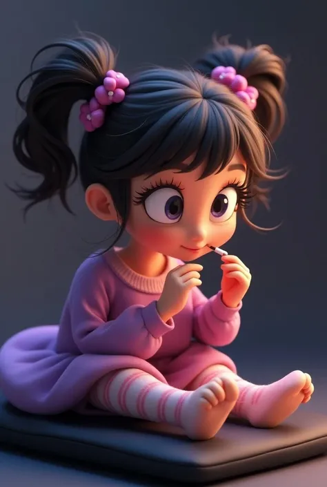 Animated girl in purple outfit applying eyelashes on a black stretcher
