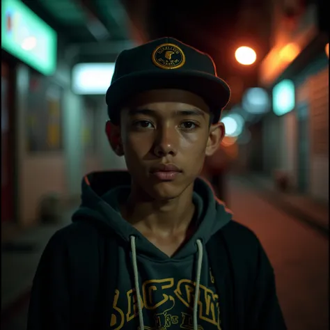 a hiphop youth from Indonesia, in an image filled with deep darkness in analog film grain style, hdr, highly detailed, 8k, 35mm photo, stunning natural lighting, brilliant composition