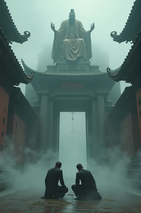 Drawing an ancient temple sitting there is a god dressed in Chinese sitting judging and below there are two Chinese men kneeling crazily plotting with fog 