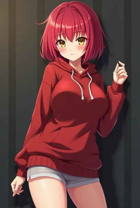 An anime girl wearing a red sweater from there with a hoodie wearing a very small skirt ,  She had red hair and yellow eyes with huge breasts and with an emotionless expression just curiosity