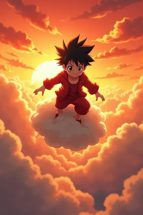 "High-definition anime-style digital illustration of a young boy with spiky black hair, wearing a red outfit, flying on a yellow cloud against a vibrant orange-red sky. The background should be dynamic and action-packed, creating an anime-like feel with a ...