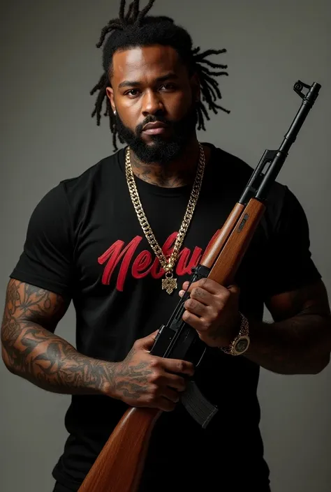 Tattooed black guy wearing a black shirt holding a wooden AK47 with Dredes hair and a gold necklace
Put the name NEBULA in red color and a very beautiful print font on his shirt 