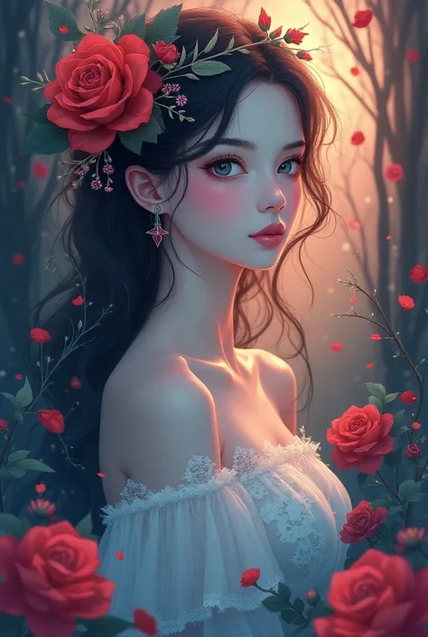 Exquisite details,  surreal atmosphere ,  ethereal beauty,  vibrant colors  ,  soft lighting, fantasy theme , mystical presence, Delicate Foliage ,  a beautiful red rose,  intricate patterns , Dream quality, Captivating gaze,  flat illustration 