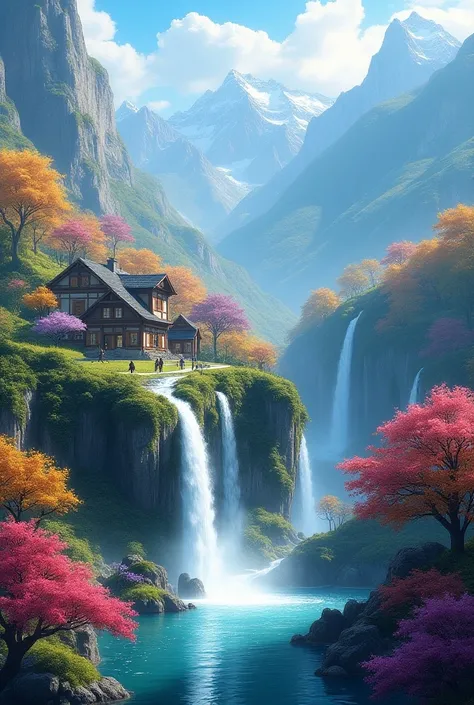 Landscape with waterfalls and some houses with people and beautiful yellow and purple trees and flowers with black orange and blue and yellow colour and mountains in background and small village in front and some people in front waterfall 