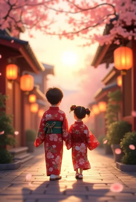 A boy and a girl dressed in a kimono going to the New Year festival.