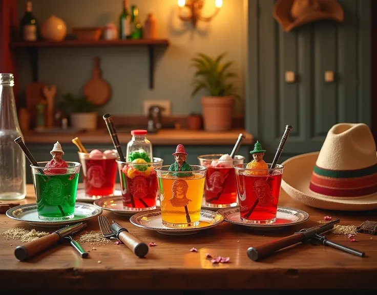 Kitchen table with jelly cups themed to the Mexican Revolution with hats and weapons