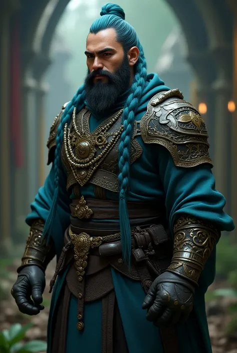 A handsome ,strong, attractive bold & sculp bearded  monk male, a native Turkish facial features, wearing cyberpunk design complete armor, a nice & clean Beard hair, braided hair sculp head, aqua blue sculp hair color,  treasure quality clothing color, (we...