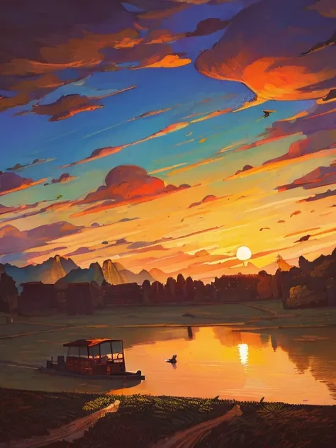 （best qualtiy:1.2），Ink landscape painting style，Autumn in the landscape of Guilin。Sunset Dusk, China， boat in the mountains，((A  one(Wild goose)fly in sky))，（There is no one in the picture）。