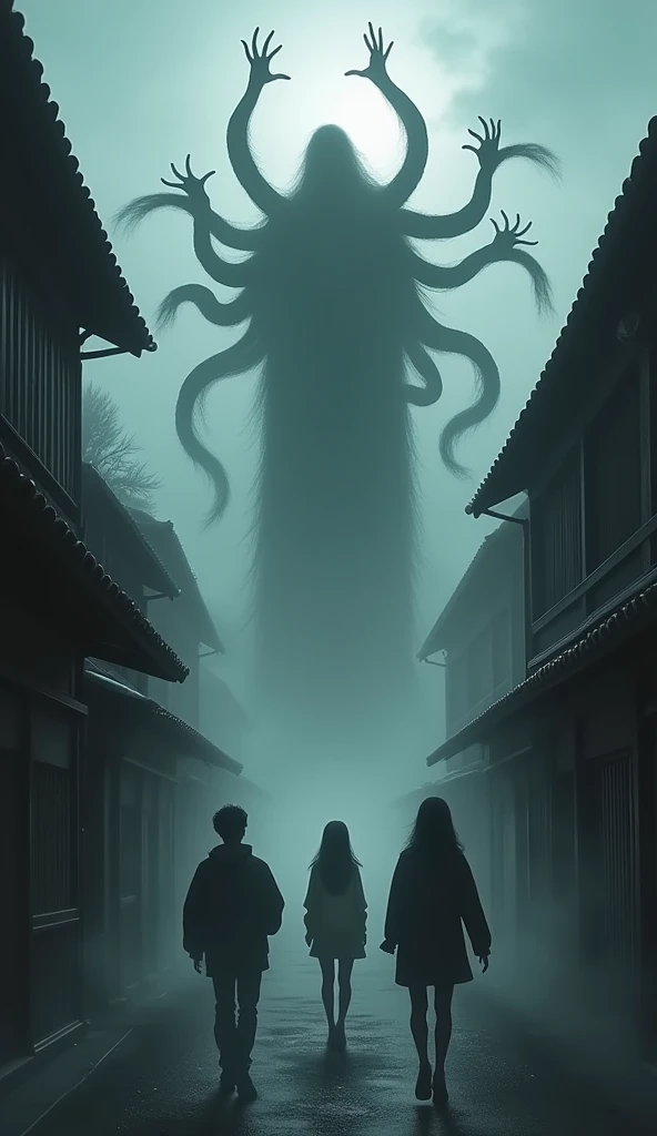 3.  a shadow with 8 long arms appears from within the fog

A mysterious and eerie atmosphere reminiscent of 、 scene where a shadow of a woman with 8 long arms appears 、 from the fog in a traditional Japanese back alley 。 Her silhouette rises vaguely and 、A...