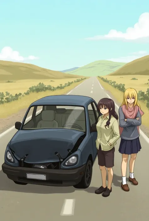 Two girls with a damaged vehicle on the road