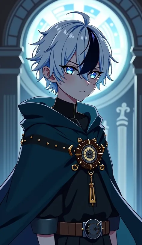 anime,  boy ,  white hair with black tips ,  right eye a Roman clock ,  left eye of a dragon with few scales around the color black, A Cloak of Cold RPG , calm,  and a bloody scenario 