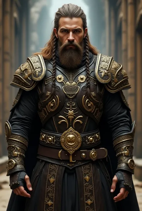 A handsome ,strong, attractive bold & sculp bearded  monk male, a native Turkish facial features, wearing cyberpunk design complete armor, a nice & clean Beard hair, braided hair sculp head, golden brown sculp hair color,  treasure quality clothing color, ...