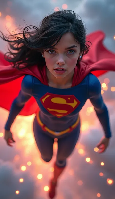 a teenage girl superhero, dark-haired girl in red and blue costume with cape, detailed face and body, beautiful detailed eyes, beautiful detailed lips, extremely detailed face, long eyelashes, dynamic action pose, flying in the sky, glowing energy effects,...