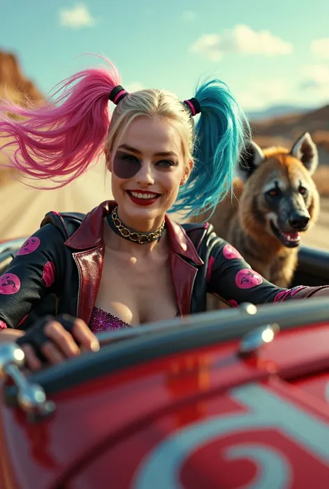  is highly detailed,   realistic, 
HDR,  Super clearly , 5D, 1800K , Ultra HD, High-Dynamic Range + Low Noise,  Beautiful Margot Robbie as Harley Quinn half hair pink half blue,  shes sitting behind the wheel of a super chic Harley Quinn convertible , the ...