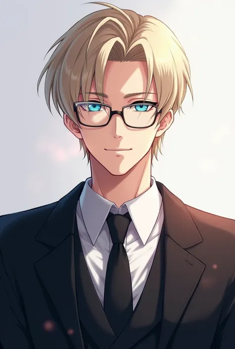  White tea man with blond hair with dry cut,  blue eyes , dressed in a black suit wearing anime version eyeglasses Blonde hair, breasts,  blue eyes , ,  Light smile,  flash of lens ,  animated,  High resolution, 