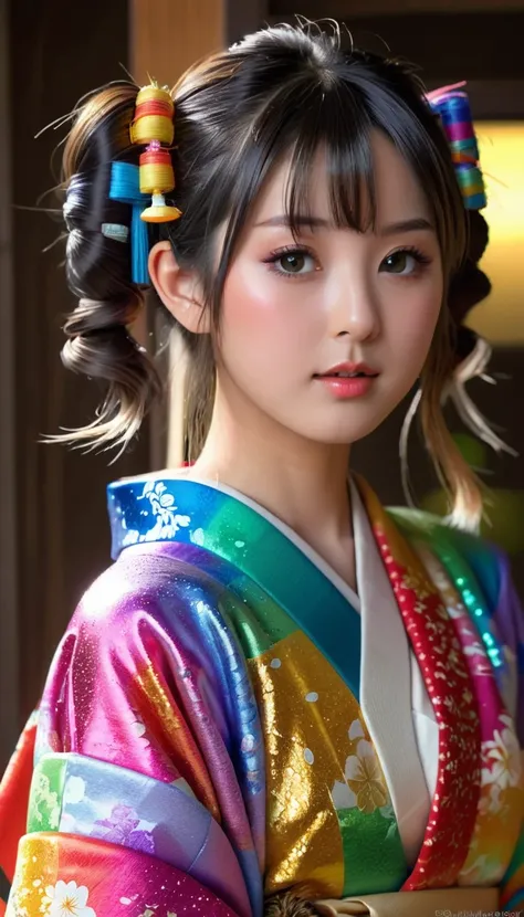 Attractive and sexy look, round face、 Twin Tails,Realistic cute Japanese women、19 years old、 shiny skin、 shiny lips、 Wearing an open rainbow-colored colorful Japanese kimono , art, (Super detailed,  absolute resolution  , Best Quality:1.3), 2.5D, Delicate ...