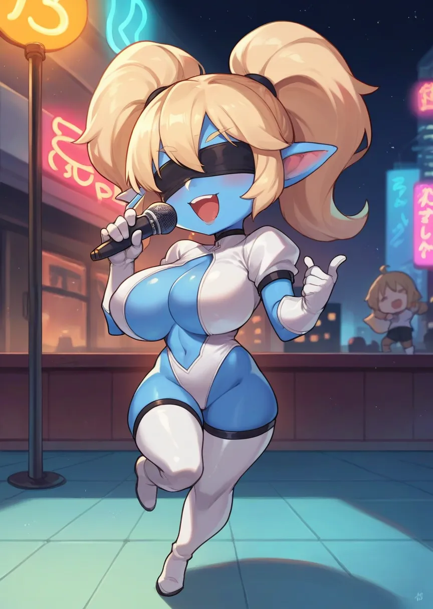  a girl, Alone, poppy, Chibi,  blue skin , city, night, neon lights,  big breasts, Full leather body covered with white latex, white boots, blindfolded white , singing, Dancing, microphone, Pronouncing  "I", he would be