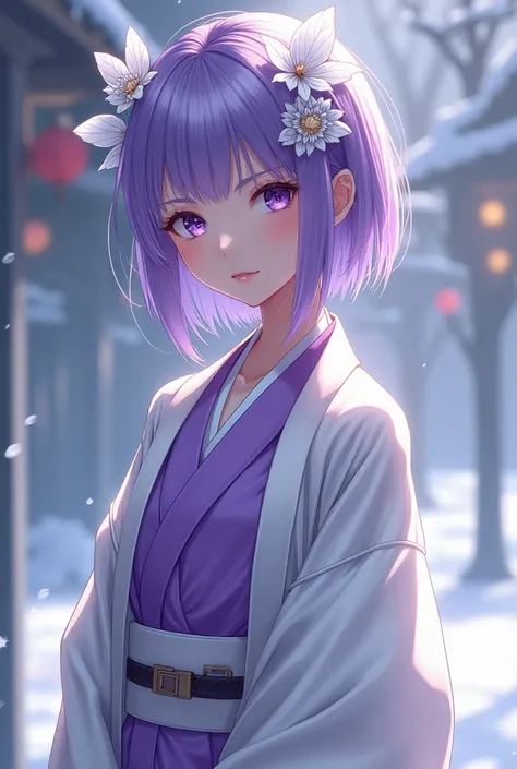 name:  Paula Suzuki
genre :  faith
 eye color :  purple hair with a white sheen
Tastes :  a Haori with white and purple
: White reaches the waist lower
skin :  white
pet :  white crow named Hinko
Age :  16
Pilar : of the snow 
respiración:  of the snow  ( ...