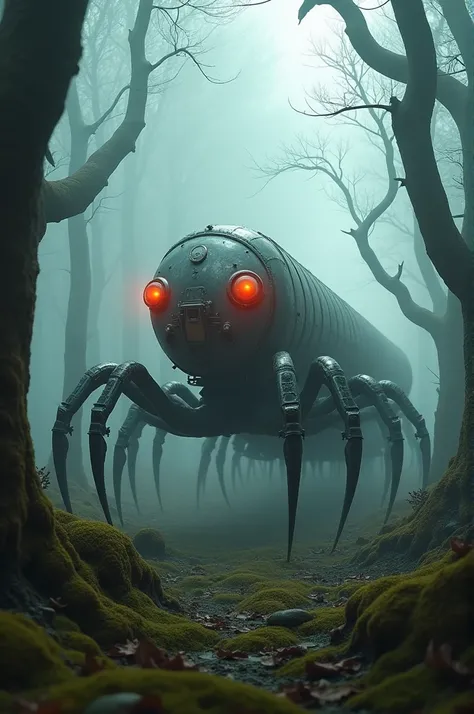 Here is the surreal hybrid image of a train fused with a centipede, set in a misty, eerie forest. Let me know if youd like further adjustments!