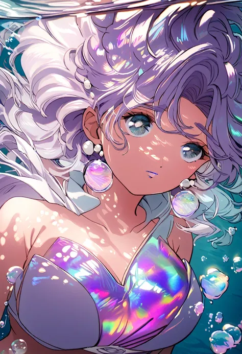 The sensual siren goddess, rosy lips, pearly eyes, underwater, glowing iridescent hair, big breasts, bubbles